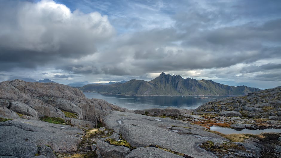 Dramatic landscape of mountains and fjord in Nusfjord, Norway.